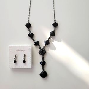 Trifari Black Stone Necklace and Marcasite Earring Set
